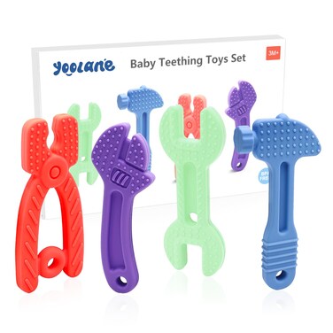 Yoolane Baby Teething Toys Silicone Teethers for Babies 3-24 Months Tools Shape Teething Relief Chew Toy for Toddler Infant Boy Girl BPA Free Freezable Newborn Stuff Essentials Gift, 4 Pieces