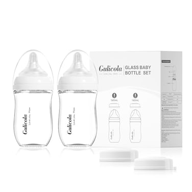 Gulicola Natural Glass Baby Bottle for Breastfeeding Babies, Newborn Anti-Colic Bottle Set with Slow Flow Nipple, 0-3 Months, 5 oz, 2 Pack - White