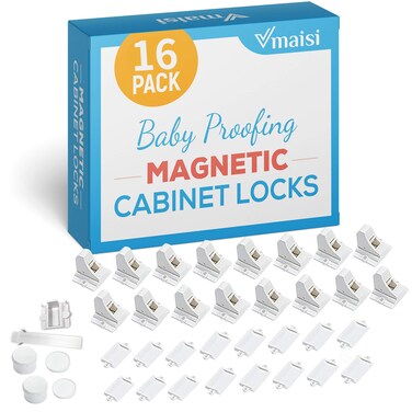 16 Pack Child Safety Magnetic Cabinet Locks - Vmaisi Children Proof Cupboard Baby Locks Latches - Adhesive for Cabinets &amp; Drawers and Screws Fixed for Protection