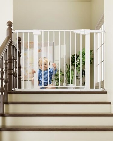 Cumbor 29.7-46" Baby Gate for Stairs, Toddler Safety Essentials for The House, Auto Close Dog Gate for Doorways, Mom's Choice Awards Winner-Easy Install Pressure Mounted Pet Gates for Dogs, White