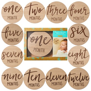 Kate &amp; Milo Baby Monthly Milestone Marker Discs - Classic Cursive Script Wooden Discs with Reversible Photo Props for Baby Announcement and Milestones, Gender-Neutral Gift for Newborn Boy and Girl