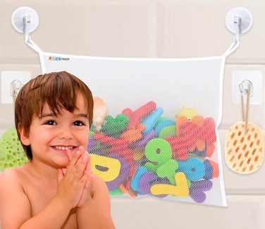 Bath Toy Net 18x16 Inch Kids Bath Tub Toy Holder, Corner Mesh Bag, Baby Bathtub Storage Organizer, Large Bathroom Bucket Bin, Toddler Shower Caddy Hanging Basket, 2 Suction Cups 2 Adhesive Wall Hooks