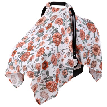 Rquite Car Seat Cover Baby, Carseat Covers Baby for Girl Boy, Muslin Cotton Infant Car Seat Cover, Lightweight Car Seat Canopy, Breathable Baby Carrier Cover, Summer Stroller Sun Shade, Flower