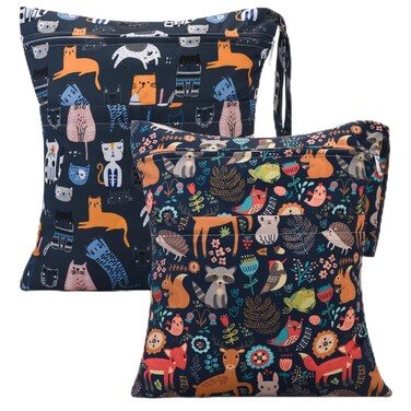 eaxin 2pcs Cloth Diaper Wet Dry Bags Waterproof Reusable with Two Zippered Pockets Travel Beach Pool Daycare Soiled Baby Items Yoga Gym Bag for Swimsuits or Wet Clothes-Animal