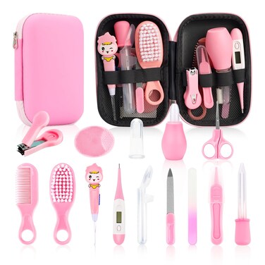 Baby Healthcare and Grooming Kit, 15 in 1 Baby Safety Set Newborn Nursery Health Care Set with Hair Brush Scale Nail Clippers for Baby Girls Boys (15 Kits Pink)