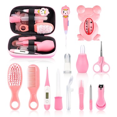 Baby Grooming and Healthcare Kit, Infant Safety Care Set with Hair Brush Comb Nail Clipper Nasal Aspirator Ear Cleaner,Baby Essentials Kit for Newborn Girls Boys (14 in 1, Pink)