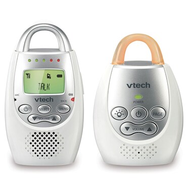 VTech DM221 Audio Baby Monitor with up to 1,000 ft of Range, Vibrating Sound-Alert, Talk Back Intercom &amp; Night Light Loop, White/Silver