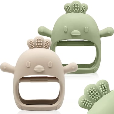 2 Packs Baby Teething Toy for 0-6 6-12 Months, Food Grade Silicone Teething Mitten, Anti Dropping Wrist Hand Teethers Baby Chew Toys for Sucking Needs, BPA Free (Green &amp; Caramel)