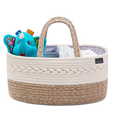 YeaYee Baby Diaper Caddy Organizer, Portable Nursery Storage Basket with Changeable Compartments, 100% Cotton Woven Rope Baskets, Car &amp; Changing Table Tote, Newborn Gift