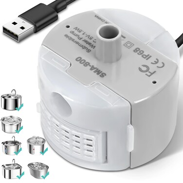 Ultra-Quiet Replacement Pump for Stainless Steel Cat Water Fountains - SMA-800 Motor - Safe and Easy to Clean with Low Voltage DC 5V and USB Cable (Pump)