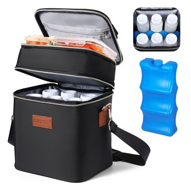 PIIOSER Breastmilk Cooler Bag with Ice Pack Fits 6 Baby Bottles Up to 9 Ounce, Insulated Baby Bottle Tote Bags, Double Layer Waterproof Leak-Proof with Shoulder Strap for Nursing &amp;Working Mom