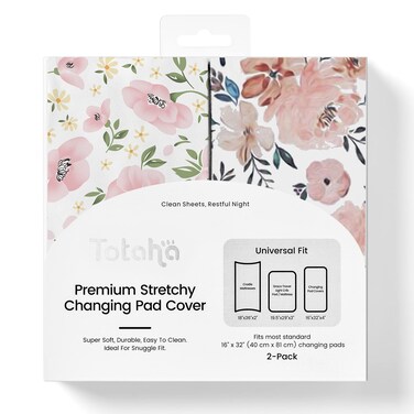 TotAha Premium Stretchy Changing Pad Covers (2-Pack) Hypoallergenic, Silky Comfort, Buttery Soft, Calming Effect, All-Season Jersey-Knit 5'' Deep Pocket(Meredith Allover Floral &amp; Pale Pink Flowers)
