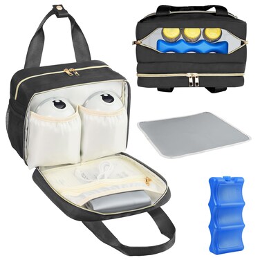 PIIOSER Breastmilk Cooler Bag with Ice Pack, Compatible with Wearable Breast Pumps &amp; Accessories - Portable Pumps Carrying Case for Nursing &amp; Working Moms, Black