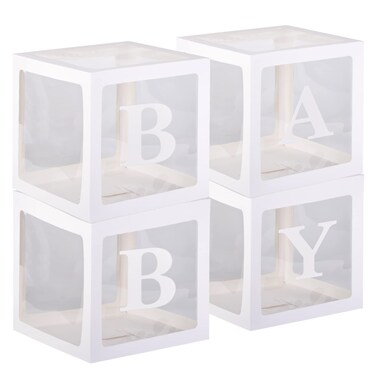 TECKED White Clear Baby Boxes with Baby Letters Party Decoration - Transparent Ballon Boxes Backdrop - Baby Shower Birthday Party ,Gender Reveal ,Wedding -4PCS