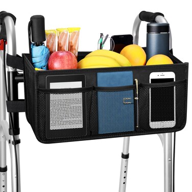 Upgrade Dotday Walker Basket Walker Bag Water Cup Holder, Foldable Walker Storage Bag with Big Capacity &amp; Never Tipping Over, Best Gift for Family - Black (Not Fit Rollator Walkers)