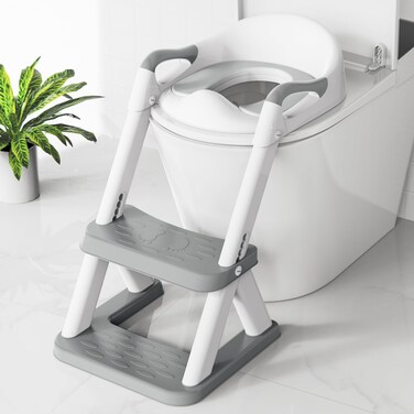 SKYROKU 8868 Potty Training Seat with Step Stool - Adjustable Height, Non-Slip, Splash-Proof, Foldable 2-in-1 Toddler Potty Seat with Armrests and Replaceable Cushion - Fits Most Toilets (Grey)
