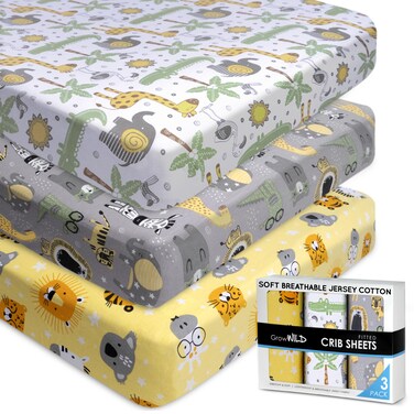 GROW WILD Safari Crib Sheets for Boys (3 Pack) - Soft Jersey Cotton Fitted Baby Crib Sheets   Cute Bed Sheets &amp; Toddler Bed Mattress   Baby Boy Crib Bedding Set   Yellow Grey Elephant &amp; Animals Sheet