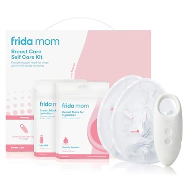 Frida Mom Breastfeeding Essentials Kit, Heat Pads, 2-in-1 Lactation Massager, Hydration Mask, 9pc Set