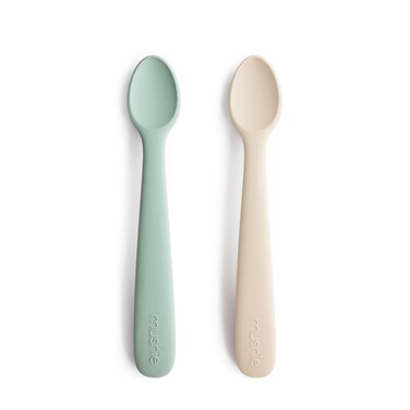 mushie Silicone Baby Feeding Spoons   2 Pack (Cambridge Blue/Shifting Sand)