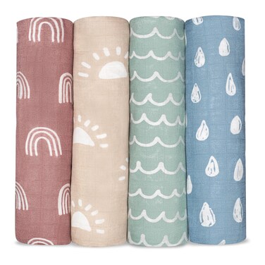 Comfy Cubs Muslin Swaddle Blankets Pack Size - 47 x 47 Inch Soft Cotton Baby Blanket Set, Large Multipurpose Wraps for Newborns - Nursing Cover, Sun, Rainbow, Rain, Doodle