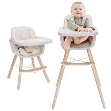 3-in-1 Convertible Wooden High Chair, High Chairs for Babies and Toddlers, Baby High Chair with Adjustable Legs &amp; Dishwasher Safe Tray, Made of Sleek Hardwood &amp; Premium Leatherette, Beige Color