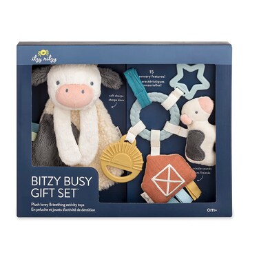 Itzy Ritzy Farm Toy Gift Set - Includes Cow Lovey &amp; Farm-Themed Busy Ring Car Seat and Stroller Toy - Features Crinkle Sounds, Engaging Textures &amp; Silicone Teething Relief (Farm)