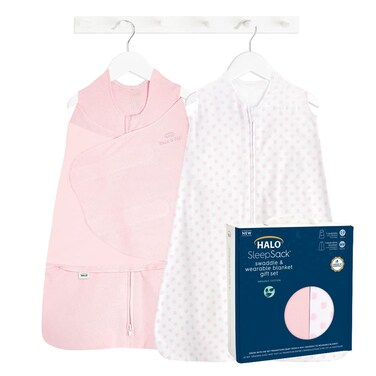 HALO Sleepsack Swaddle 3-6 Months and Wearable Blanket 6-12 Months 100% Organic Cotton 2-Piece Gift Set with Box, TOG 1.5, Strawberry