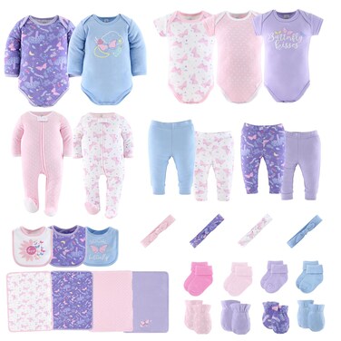 The Peanutshell Baby Layette Gift Set for Baby Girls - 30 Piece New Born Baby Girl Gift Set, Baby Clothes &amp; Newborn Essentials Must Haves - Newborn Baby Girl Clothes 0-3 Months - Purple Butterfly