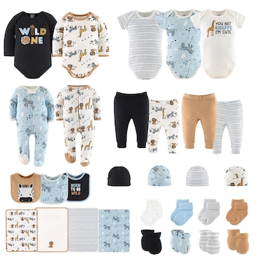The Peanutshell Baby Layette Gift Set for Baby Boys or Girls - 30 Piece New Born Baby Unisex Gift Set, Baby Clothes &amp; Newborn Essentials Must Haves - Newborn Baby Clothes 0-3 Months - Safari