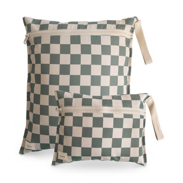 mushie Water Resistant Wet Bags   Large &amp; Small Reusable Storage Bag for Baby Items and Travel   Zippered Pockets with Handle   Machine Washable, Set of 2 (Olive Check)