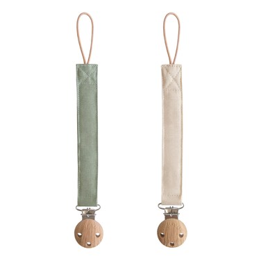 mushie Linen Baby Pacifier Clip Holder   Soft Fabric Strap, 2-Pack (Olive/Shifting Sand)