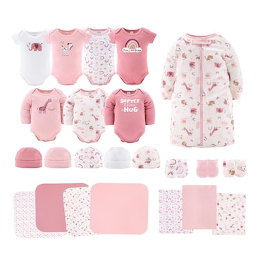 The Peanutshell Baby Layette Gift Set for Baby Girls - 23 Piece New Born Baby Girl Gift Set, Baby Clothes &amp; Newborn Essentials Must Haves - Newborn Baby Girl Clothes 0-3 Months - Rainbow Safari