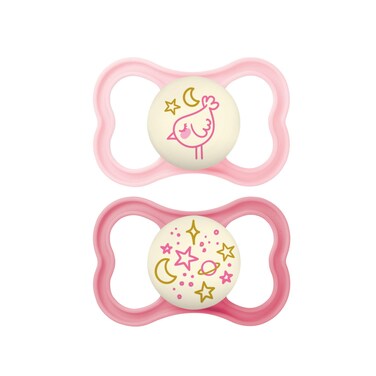 MAM Supreme Night Baby Pacifier, for Sensitive Skin, Patented Nipple, 16+ Months, Girl, 2 Count (Pack of 1)