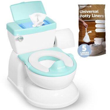 Real Feel 2-in-1 Potty with Wipes Storage, Flushing Sounds &amp; Disposable Liners - Realistic Toilet - Easy to Clean &amp; Assemble - Jool Baby (Aqua)
