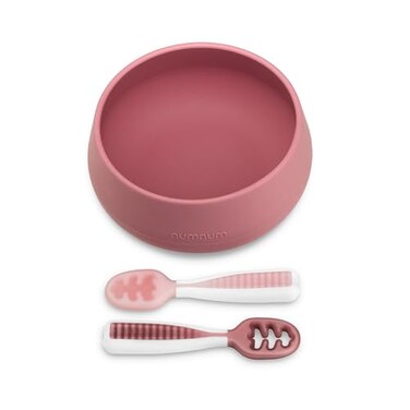 NumNum Suction Bowl + Pre-Spoon GOOtensils Self Feeding Set for Babies &amp; Toddlers   Baby Spoon Set (Stage 1+ 2)   100% Food Grade Silicone BPA-Free   Strong Suction   4 months+ (Mauve)