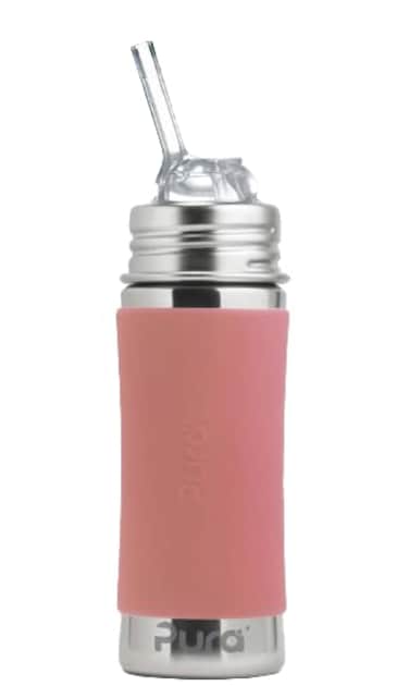 Pura Kiki 11oz/325ml Stainless Steel Straw Bottle w/Sleeve - 100% Plastic-Free, MadeSafe Certified, 100% Medical-Grade Silicone Straw for Kids, Toddlers, Preschoolers, Babies &amp; Infant - New Rose