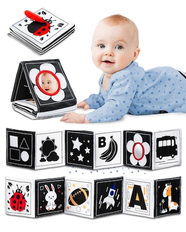 Infinno Black &amp; White Baby Toys High Contrast Crinkle Cloth Activity Book, Infant Mirror Toys for Baby 0-6 Months, Newborn Sensory Tummy Time Toys for Infants, Baby Development Essential