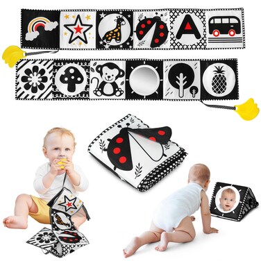 melican Black and White High Contrast Baby Toys 0-6 6-12 Months, Soft Book with Teether, Newborn Infants Tummy Time Toys, 0-3 3-6 Month Sensory Visual Stimulation, Montessori Learning Essentials