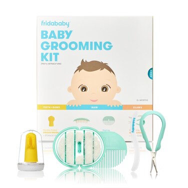 Frida Baby Grooming Kit   Baby Essentials Gift Set Includes Finger Brush with Storage Stand, Hair Brush with Case, Styling Hair Comb, Easy Grip Nail Scissors with Nail File and Case