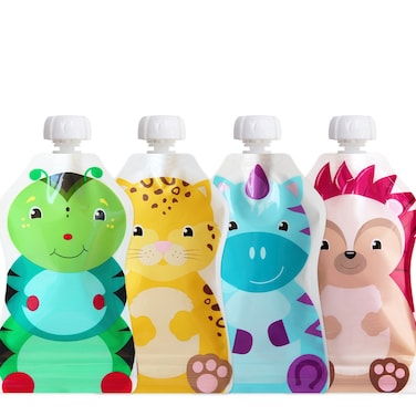 ChooMee Reusable Baby Food Pouches   BPA Free   Fill with Baby Food Applesauce Yogurt and Purees   Leakproof Double Lock Zipper, Easy Fill and Clean Wide Bottom   5 oz   4 Pack, SnakPack FreshSquad