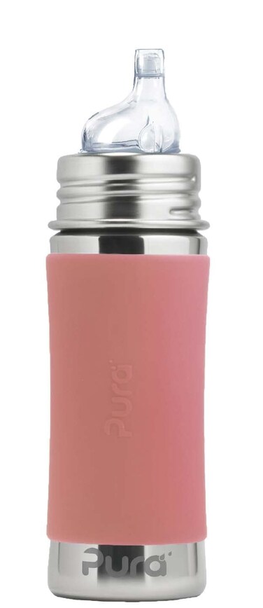 Pura Kiki 11oz/325ml Stainless Steel Sippy Cup Bottle w/Sleeve, Plastic-Free, MadeSafe Certified, Medical-Grade XL Silicone Sipper Spout Fast Flow for Kids, Toddlers, Babies &amp; Infant - Rose Sleeve