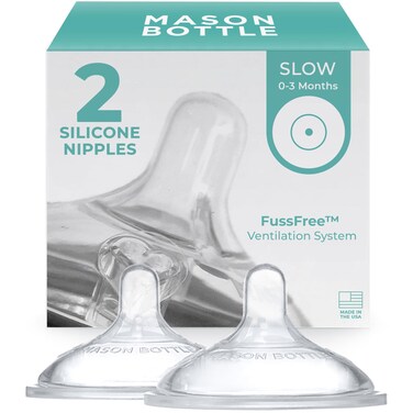 Mason Bottle Nipples (2-Pack) - Silicone Nipples, Fits Any Regular-Mouth Mason Jar - Slow Flow (0-3 Months), Wide Natural-Shaped, BPA-Free, Non-Toxic Baby Bottle Nipples - Made in USA