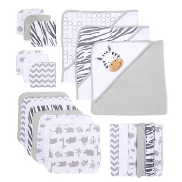 Spasilk 23-Piece Soft Terry Hooded Bath Towel and Washcloth Gift Set, 3 Baby Towels and 20 Baby Washcloths for Unisex Newborn Bath Essentials, Ideal, White Zebra