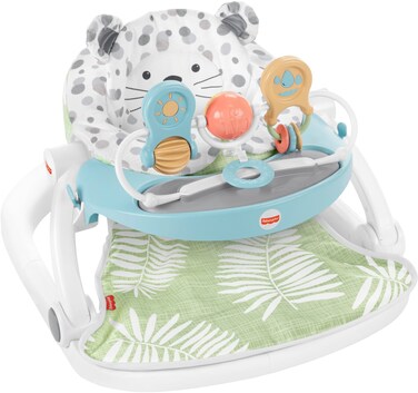 Fisher-Price Portable Baby Chair Deluxe Sit-Me-Up Floor Seat with Feeding Tray &amp; Activity Toy Bar, Snow Leopard