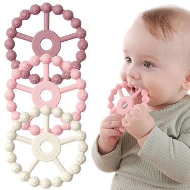 3 Pack Ring Teether Baby Infant Toys, Silicone Teething Ring Toys for Babies 0-6 Months, Seposeve Baby Teethers 6-12 Months 12-24 Months, Easy to Grasp Toy, Baby Teething Relief, Purple Pink White