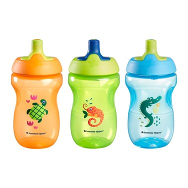 Tommee Tippee Sporty Bottle, Sippy Cup for Toddlers, 12 Months+, 10oz, Spill-Proof, Bite Resistant Spout, Easy to Hold Design, Pack of 3, Orange, Green and Blue