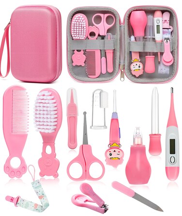 Baby Healthcare and Grooming Kit, Safety Newborn Nursery Baby Care Kit, with Hair Brush Comb, Nail Clipper, Thermometer, Pacifier Clip, Baby Registry Search, Newborn Essentials Girls Boys (Pink)