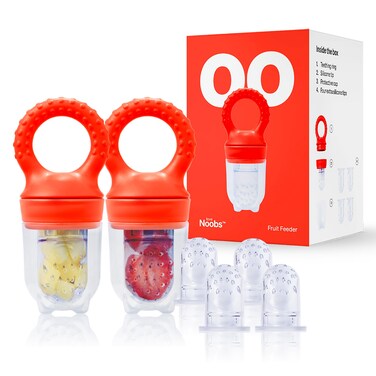 Baby Fruit Feeder by Love Noobs, Frozen Teething Toys for Babies, 2 Pack Baby Fruit Pacifier Feeder with 4 Extra Teats, Baby Eating Essentials, BPA Free Baby Feeding Supplies