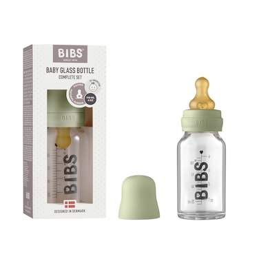 BIBS Baby Glass Bottle Complete Set 110 ml   BPA Free Natural Rubber   Made in Denmark   Sage