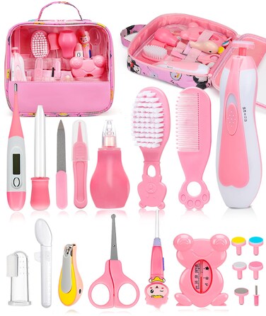 Baby Healthcare and Grooming Kit, Electric Safety Nail Trimmer Baby Nursery Kit, Newborn Care Kits with Hair Brush Comb for Newborn Infant Toddlers Baby Boys Girls Kids, Baby Shower Gifts (Pink)